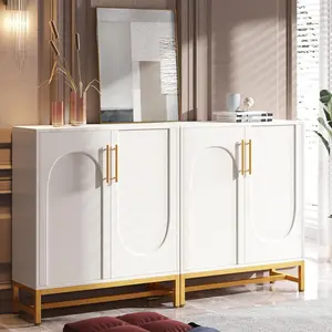 LITTLE TREE 4 Doors Storage Cabinet with Adjustable Shelves and Gold Metal Frame for Living Room Kitchen Dining Room (Without Chair)