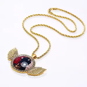 Personalized Hip Hop Memory Picture Necklace, Customized Angel Wings Necklace for Men, Women, Couples, Family Gift
