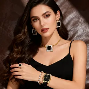 Women's Fashion Luxury Set 6-Piece  - Square Inlaid Quartz Watches & Rhinestone Jewelry Suitable for Business & Casual Wear Ideal Birthday Gift for He