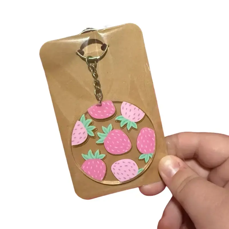 Clear Acrylic Circle Cute Strawberry Keychain - Pink and Green Design for Strawberry Enthusiasts Summer Accessory