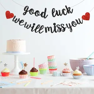 Black Good Luck We Will Miss You Banner,Pre-Strung Glitter Retirement Party Sign Garland,Going Away Farewell Party Decorations, Graduation Party Supplies (No DIY）