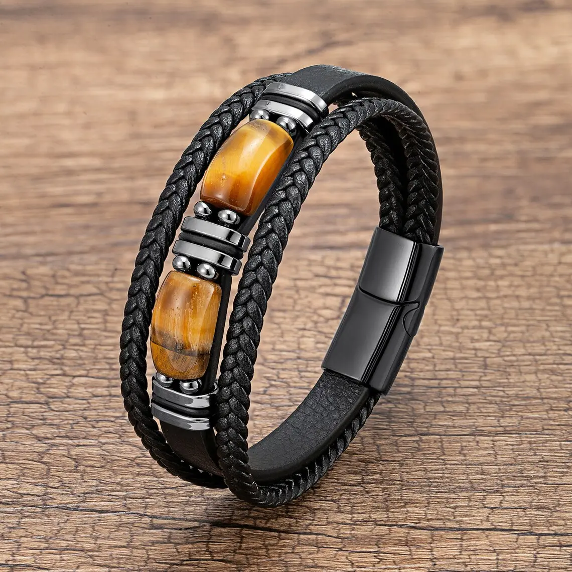 Men's Leather Braided Bracelet Natural Tiger Eye Stone Bracelet Bangle Multilayer Braided Wristband Boho Style Magnetic Closure for Daily Use Gift for