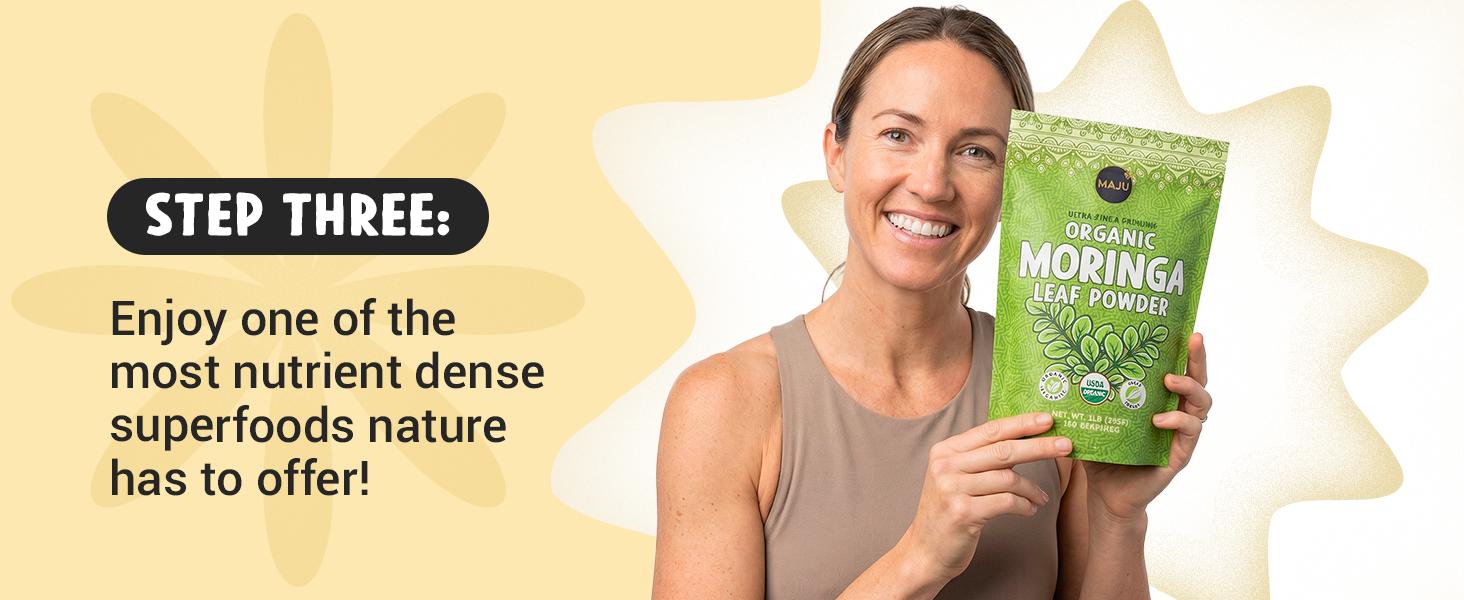 MAJU Organic Moringa Powder (1lb), Oleifera Leaf, Non-GMO and Raw, Shade Dried for Highest Nutrients, Add to Mixed Beverages Natural Superfood Nata