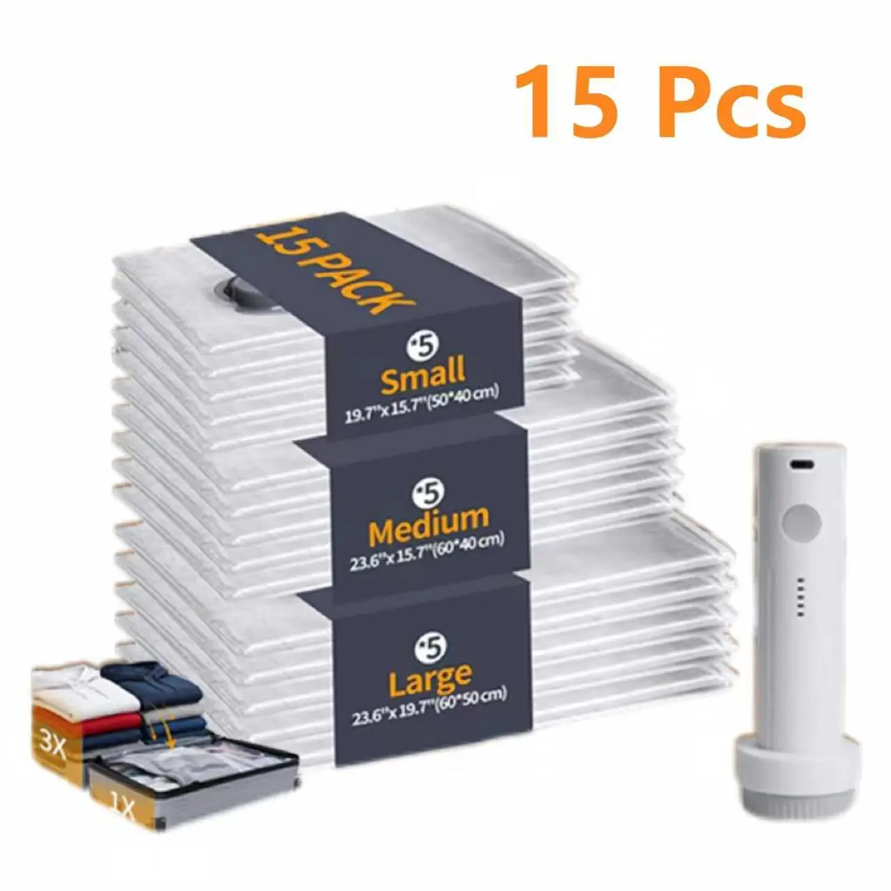 Vacuum Storage Bags 9 Pack Set with Cordless USB Rechargeable Handheld Pump, Powerful 140L/min Suction Waterproof Reusable Airtight Resealable Lightweight Space Saver Compression Bags, 3 Sizes Travel Vacuum Bags for Clothes Packing & Carry-On Luggage