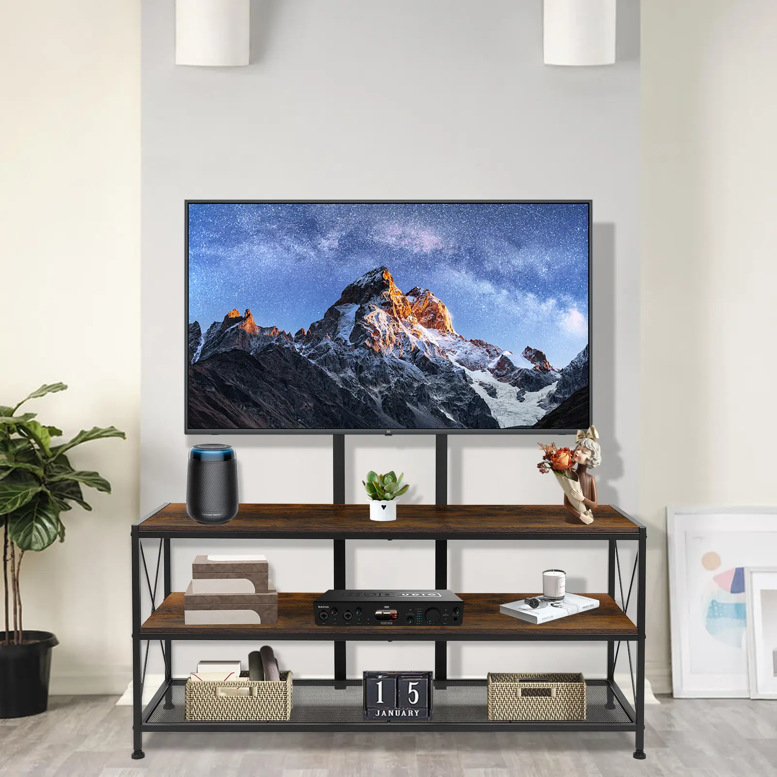 Rustic Home Supplies Freestanding TV Cabinet - 45/55/60/65 in, Bracket Mount, Open Shelf Storage, Height-Adjustable LED Entertainment Media Console, Suitable for Living Room, Durable, 45/55/60/65 Inches, Bedroom, Tv Stand With Storage, Entertainment Cente