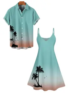 2025 Couple Set Ombre Palm Tree Print Hawaii Vacation Spaghetti Strap V Neck A Pendulum Mini Dress And Short Sleeve Shirt Matching Outfit