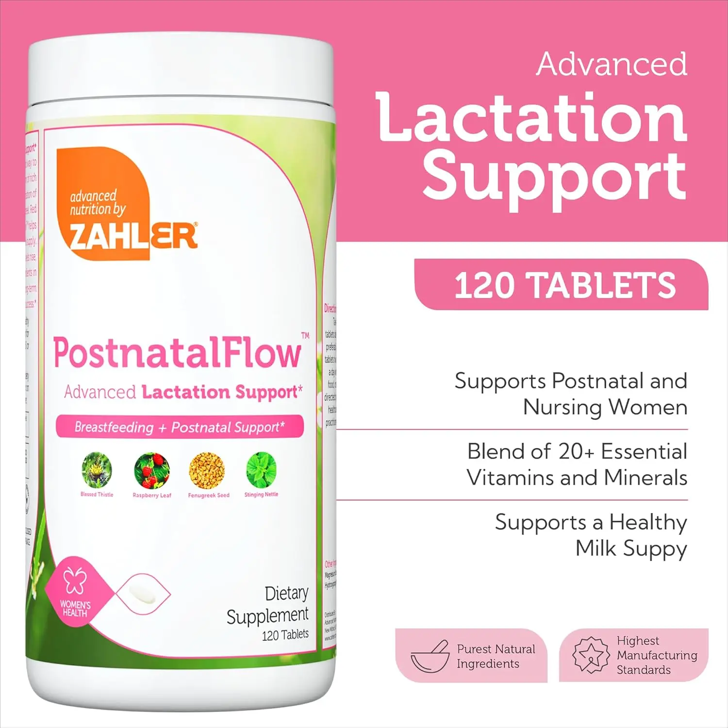Zahler PostnatalFlow Advanced Lactation Support - 120 Tablets with Milk Thistle Fenugreek & Raspberry Leaf for Postpartum & Nursing Women - Non-GMO Kosher Supplement