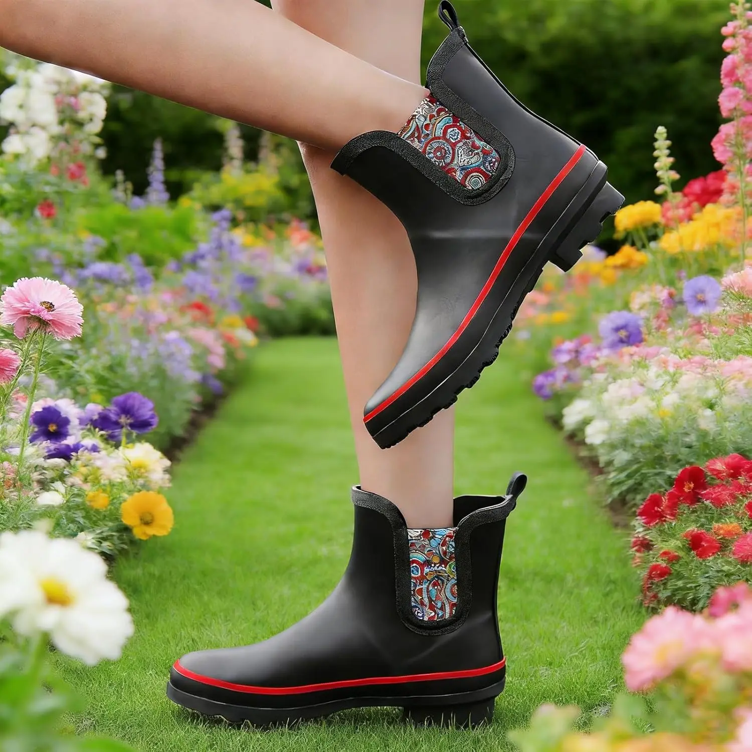 SWIFTFROG Women's Waterproof Flower-Printed Rain Boots - Lightweight Slip-On Round Toe Anti-Slipping Ankle Garden Footwear (Home & Bathroom Supplies Compatible)