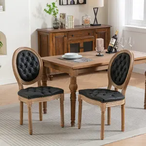 French Style Solid Wood Frame Antique Painting Hand-pulled Buckle Decoration PU Artificial Leather Dining Chair with Nailhead Trim Wood Legs Set of 2 living  room  furniture