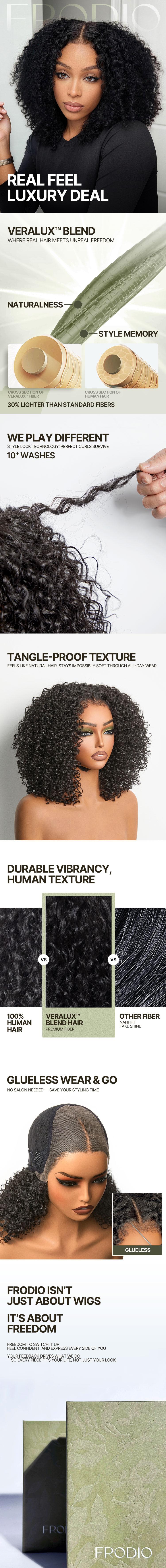 [Blend] Frodio Veralux™ Blend Natural Black Soft Defined Curls 12'' Jerry Curly Glueless Wear & Go Wig