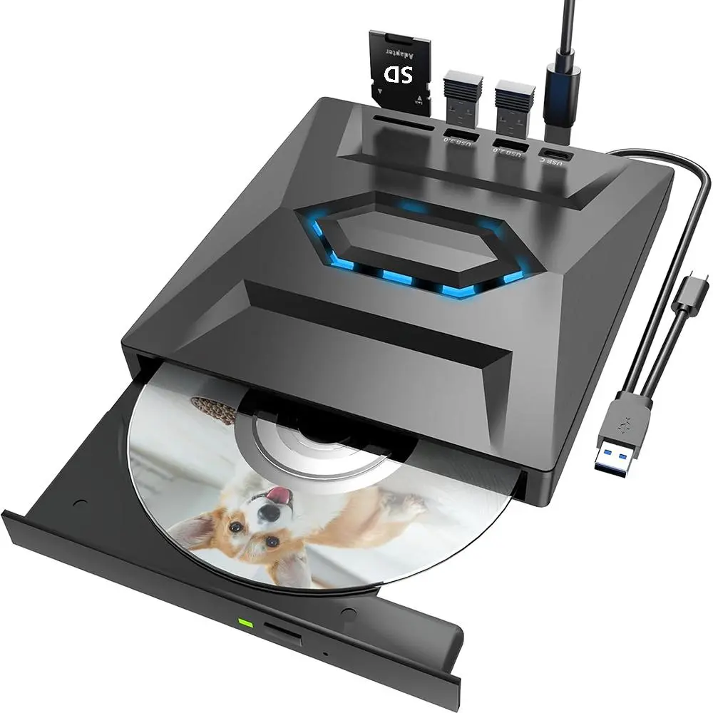 5 in 1 External CD/DVD Drive, USB C & USB 3.0 Portable CD/DVD +/-RW Burner, DVD Player, Optical CD/DVD Drive for Laptop with SD Card Reader