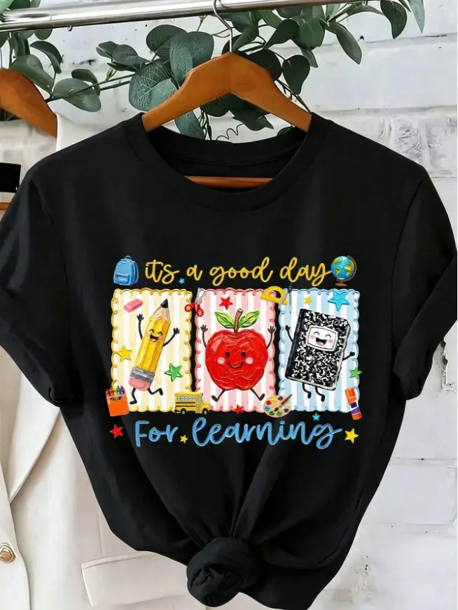 Women's Soft Cotton Casual Round Neck Short-Sleeve T-Shirt - Comfortable Unisex Back To School Classroom Teaching Outfit with "It’s A Good Day For Learning" Graphic, Simple Summer Top, Shortsleeve