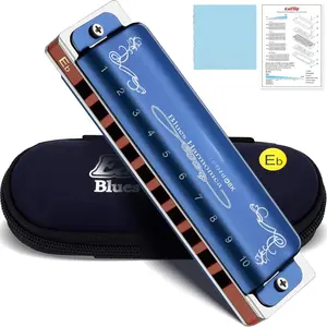 Diatonic Harmonica Key of Eb, 10 Holes 20  008K Diatonic Blues Harp Mouth Organ Harmonica with Blue Case, Standard Harmonica For Adults, Professionals and Students