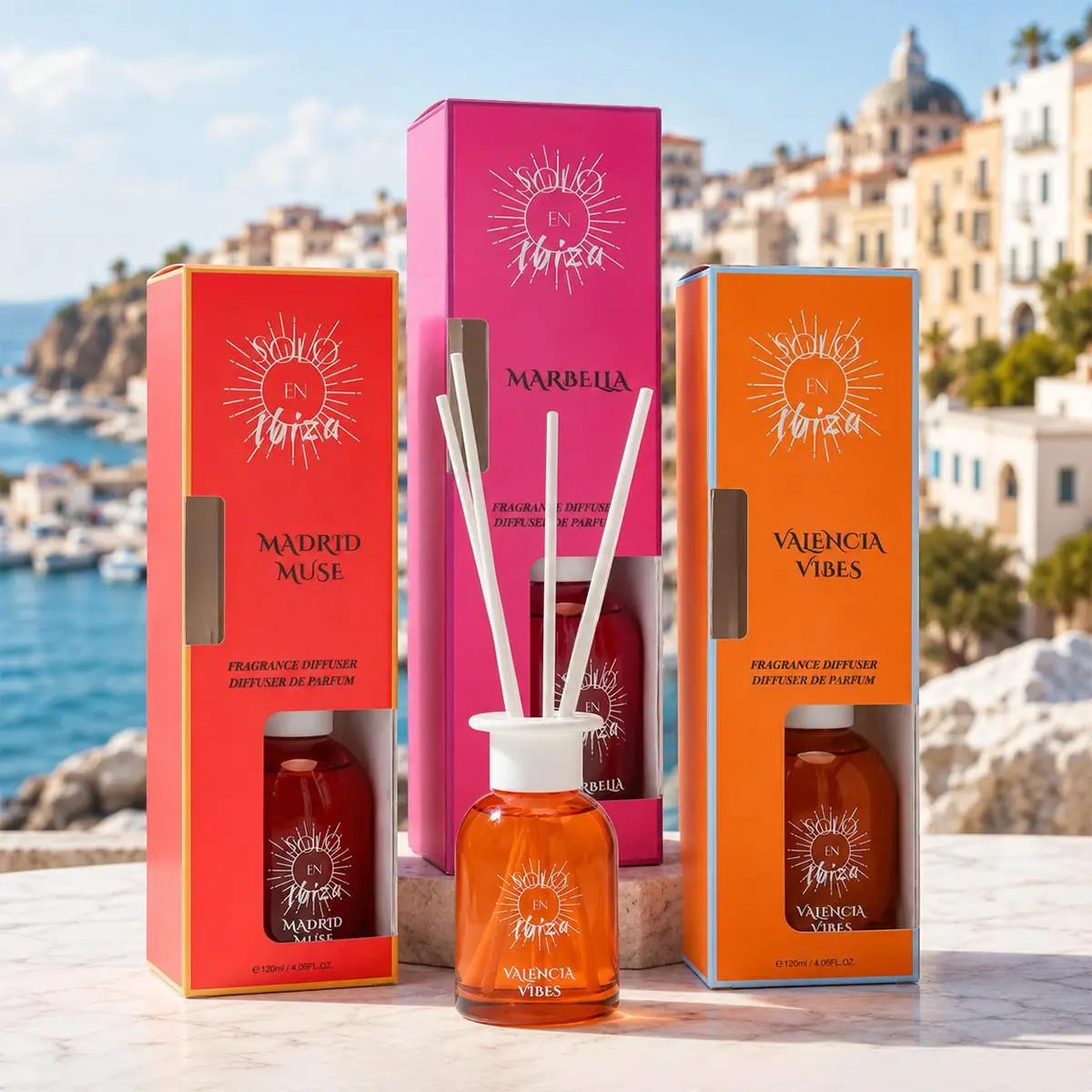 SOLO EN IBIZA Bath Fragrance Diffuser - 4.06 oz/120ml Glass Bottle (0-500 ml Range), Signature Gourmand Scent with Pistachio, Vanilla, Salted Caramel, Sandalwood, Smoke-Free for Solitude Lovers, Stress Relief