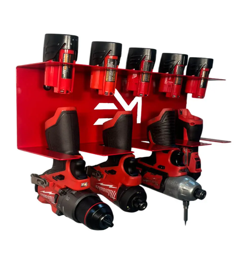 Drill and Battery Shelf - Compatible with Milwaukee 12v Battery - Rust-Resistant Red Powder Coat - Holds 4 Cordless Tools & 5 Batteries - Includes Mounting Hardware