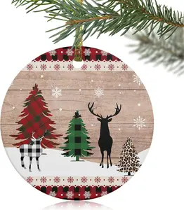 2024 Christmas Ornament Xmas Tree Hanging Accessories,Elk Christmas Tree Snowflake Wood Board Leopard Red Lattice Christmas Tree Round Ceramic Ornaments for Holiday Party Home Decor,Winter Deer