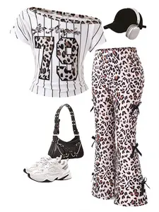 Girls' Fashion Summer Set, Casual Long Sleeve Top & Leopard Print Pants, Youth Outdoor Wear, Perfect Gift for Ages 4-8 Years, Clothes Kids