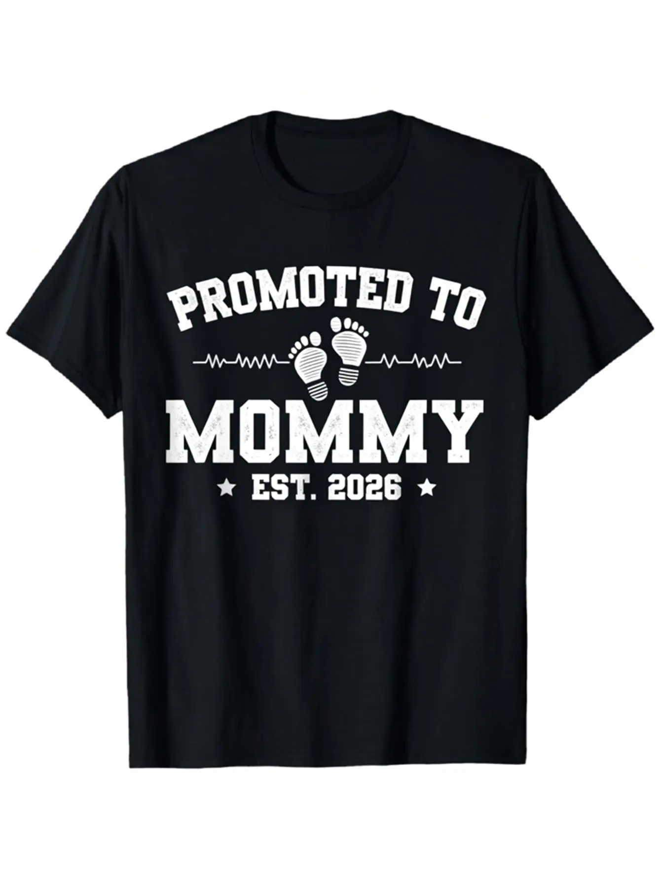 Women's "Promotion to Mom.2025" pregnancy announcement t-shirt-fun new mom gift, baby shower costume, soft breathable t-shirt with footprint and heartbeat pattern, regular fit short-sleeved crew-neck casual top for pregnant women