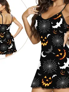 Halloween Bat Ghost Sexy Strap Dress, Summer Loose Fit Pajamas, Fashionable Home Wear, Comfortable Elastic Polyester Sleeveless Nightgown, Loungewear, Nightwear, Womenswear
