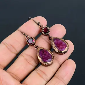 Ruby Earrings, Kashmiri Red Ruby Copper Electroformed Earrings, Gemstone Earrings, Handmade Jewelry Dangle Earring For Wedding & Anniversary