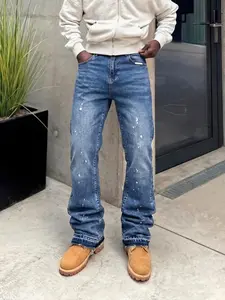 Men's High-End Casual Loose-Fitting Jeans, All Seasons Button Fly Zipper Flare Pants, Plain Water Washed Denim Bottoms, Menswear