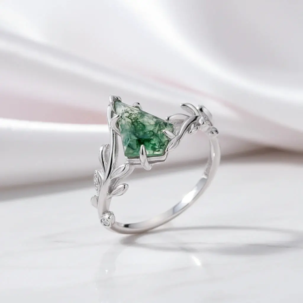 Kite Cut Natural Moss Agate Engagement Ring