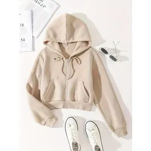 Thermal-lined cropped hoodie with pockets for everyday wear — women’s casual solid color zip-up with drawstring, long sleeves, suitable for fall and winter