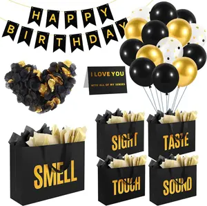 5 Senses Gift Bags For Him Her With Labels Tissue Paper and Handles, Comes With Birthday Decoration Rose Petals and Happy Birthday Banner Balloons for Valentine's Day (Black Gold, 12.6 x 8.7 x 4 inch)