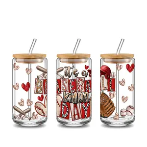 Minimalist It's A Baseball Kind of Day Design 16oz Glass Water Cup with Lid and Straw, Bamboo Lid Reusable Glass Drinking Cup, Glass Jar Design, Suitable for Iced Coffee, Beer, Juice, Cold Drink Glass Cups, Tumbler, Drinkware