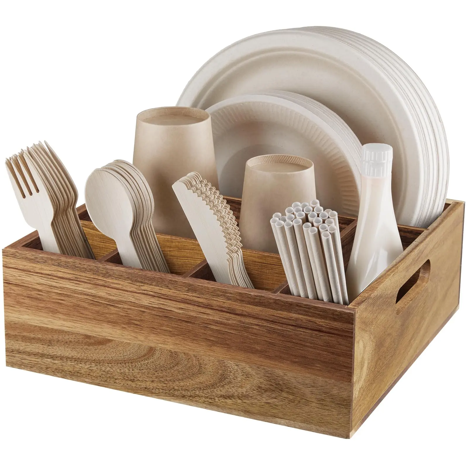 6 Compartments Wood Utensil Holder, Countertop Paper Plate Organizer, Silverware Cutlery Caddy Storage for Kitchen, Camping, Buffet, Party and Picnic