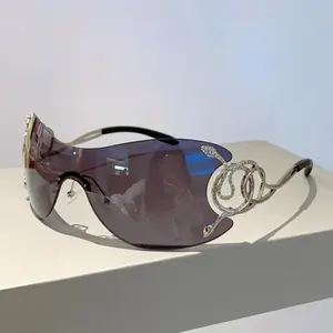 Y2K Rimless Luxury Sunglasses, Unisex Oversized One Piece Lens, Punk Metal Snake Temples, Trendy Street Style Eyewear