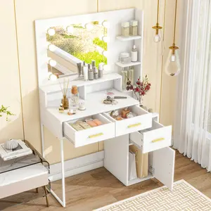 Vanity Desk with Mirror & 10 LED Lights，3 Lighting Modes (Brightness Adjustable RGB) MDF  Modern Minimalist White  35" Glass Top Makeup Vanity with Power Outlet ， Ample Storage (Drawers/Shelves/Cabinet) for Women Girls Bedroom