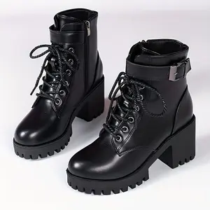 Women's Fashion Chunky Heel Ankle Boots With Belt Buckle And Side Zipper, Lace-up High-Heeled Platform Booties Black
