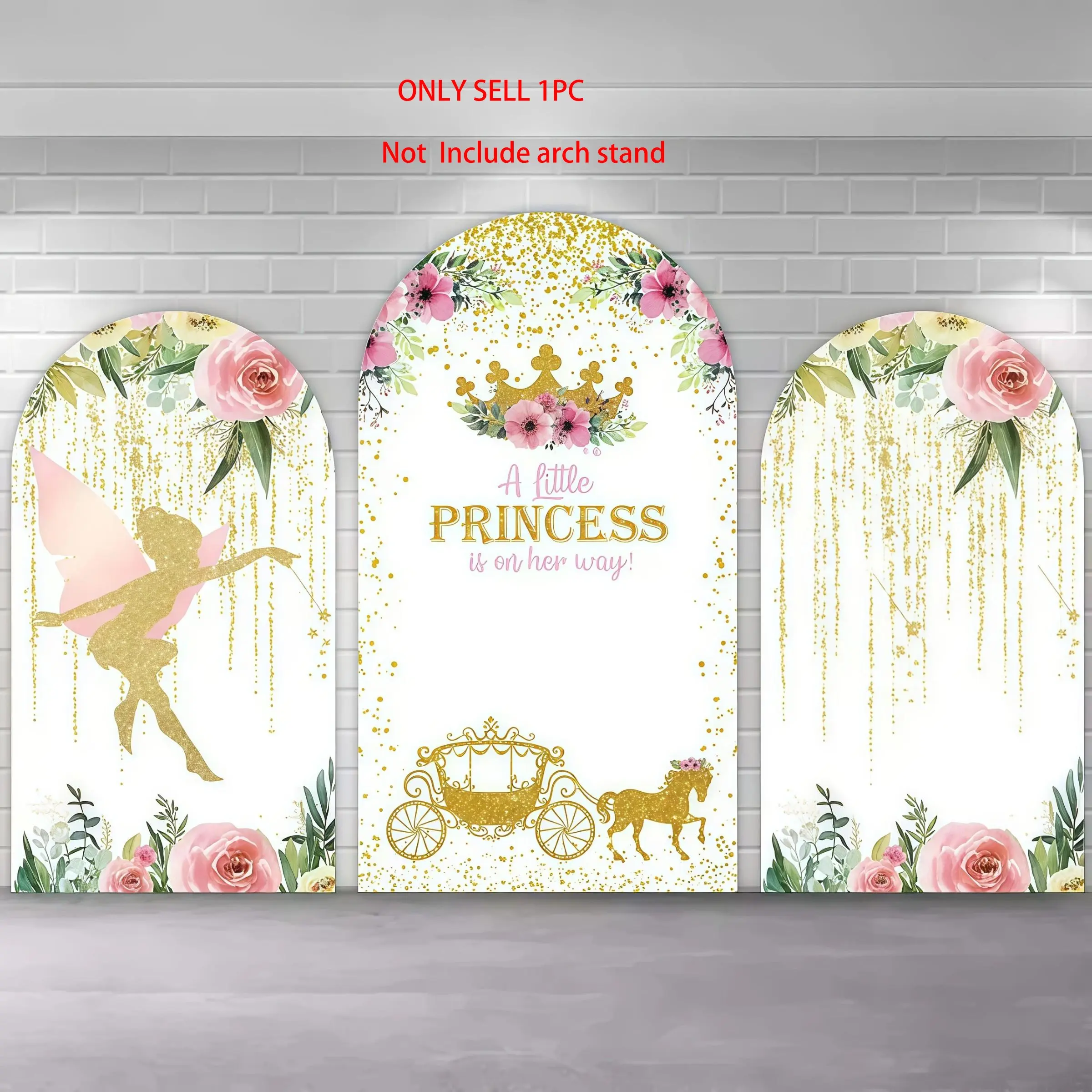 Fairy Princess Girls Arch Covers Stretchy Backdrop, Polyester Photoshoot Backdrop, Pink Flowers Gold Glitter Carriage Design, for Kids Newborn Baby Shower 1st Birthday Party Decorations Banners Photo Backdrop