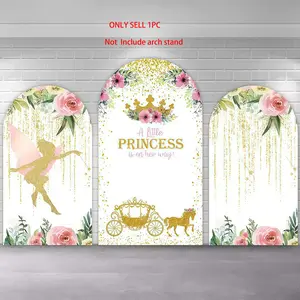 Fairy Princess Girls Arch Covers Stretchy Backdrop, Pink Flowers Gold Glitter Carriage Design, Perfect for Kids Newborn Baby Shower 1st Birthday Party Decorations Banners Photo Backdrop