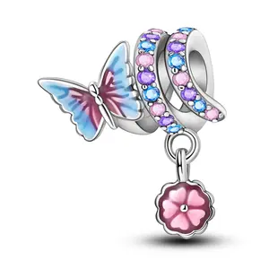 MULA 925 Silver-plated Butterfly and Floral Charm Beads | Hand Painted Enamel and Sparkling Zirconia | Nature Style Jewelry | Suitable for Pandora Bracelets and Necklaces | Elegant Spring Gift