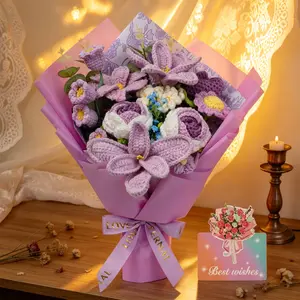 Handmade Yarn Flowers Bouquet, Soft Festive Gift, Includes Roses, Tulips, Lily of the Valley, Perfect Home Decor, Artificial Yarn Flowers, Knitted Flower Bouquet, Decorative