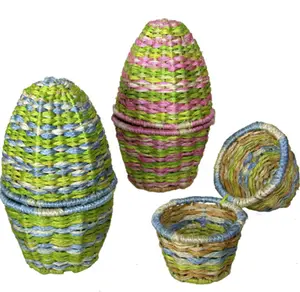 Hand-Crafted Abaca Easter Egg Shaped Baskets-Set of 2 with Hinged Lids-Fair Trade-Phillipines