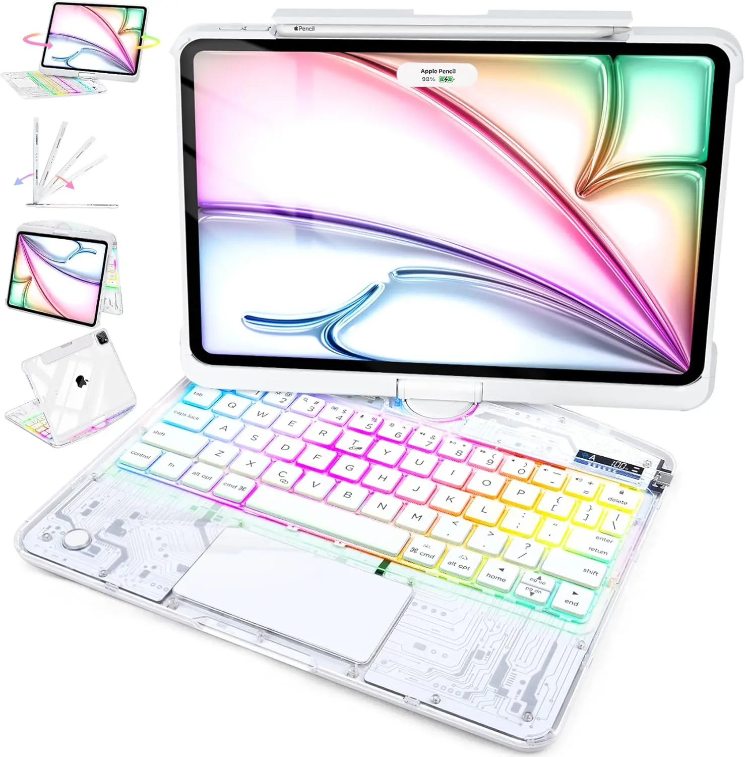 Transparent White Keyboard Case Compatible with (8.3'/10.2'/10.9'/11'/12.9'/13 inch )ipad 7-11th(A16)/ipad air(2022-2026) / ipad pro (2018-2025) and ipad mini ,Touch 360°Rotatable  High-strength acrylic, impact-resistant,Backlight &Pencil Holder