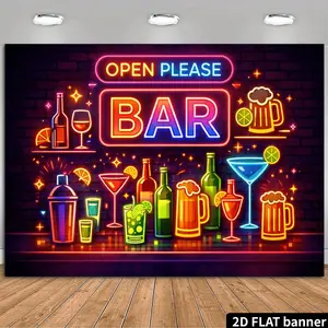 2D Flat Neon Bar Themed Backdrop with "OPEN PLEASE BAR" Style, Featuring Bartender Tools, Beer Mugs, and Cocktail Elements. Made of Durable, No Power Supply Needed. Suitable for Bar Decor, Party Setup, and P