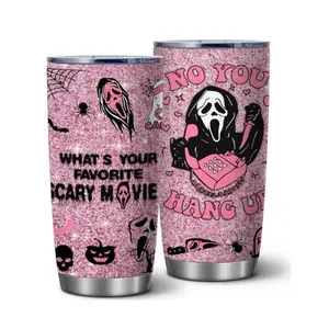 Scream Horror Movie Halloween Pink Tumbler, 20oz Ghostface Spooky Vibes Stainless Steel Insulated Coffee Cup With Lid, Scary Face Themed Travel Mug, Cute Horror Decor Gift For Women & Girls