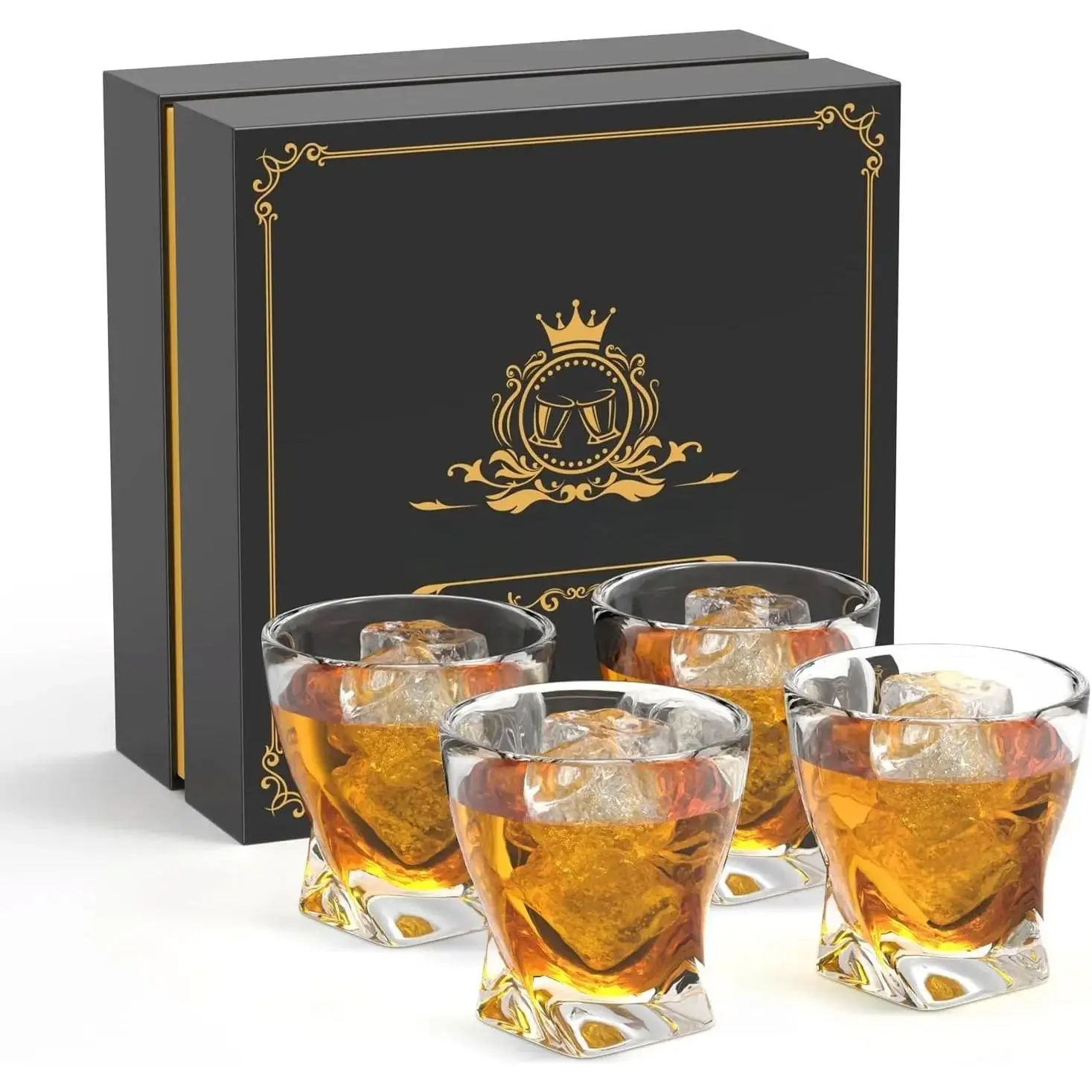 Thickened Transparent Crystal Glassware Set - 4-Piece 10 oz Premium Stylish Lowball Rocks Cups, Luxury Boxed Gift for Adults, Serves Whisky Bourbon Beer Vodka, Restaurant & Bachelor Party Use