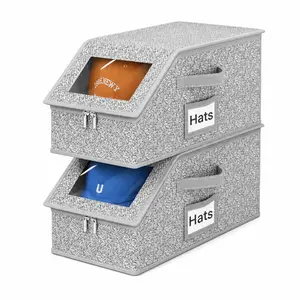 2 PCS Stackable Hat Storage for Baseball Caps, Holds up to 24 Caps Hat Organizer for Closet, Sturdy Snapback Boxes for Men with Cardboard, Grey
