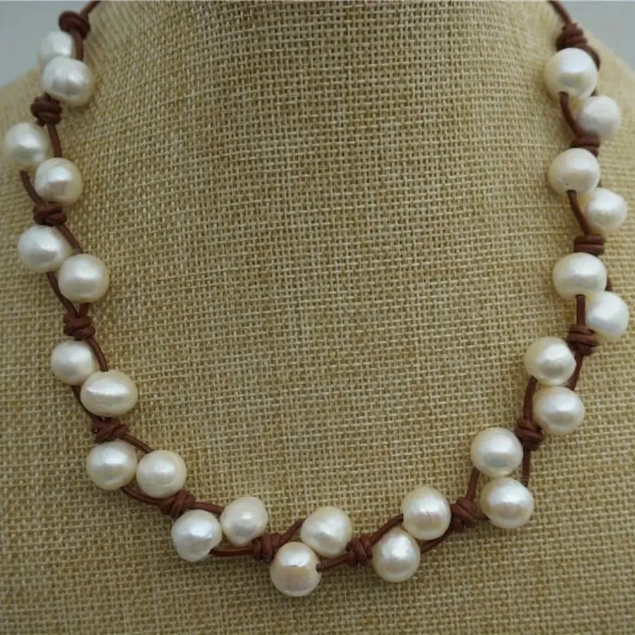 Large Pearl Necklace, Freshwater Pearl Leather Necklace with 11mm Pearls for Women