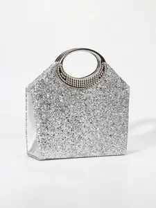 Silver Glitter Clutch, Envelope Clutch, Women's Evening Party Handbag, Detachable Chain Shoulder Bag, Metal Ring Handle, Magnetic Closure, Perfect for Parties, Weddings, Proms, Birthdays, and Holiday Gifts