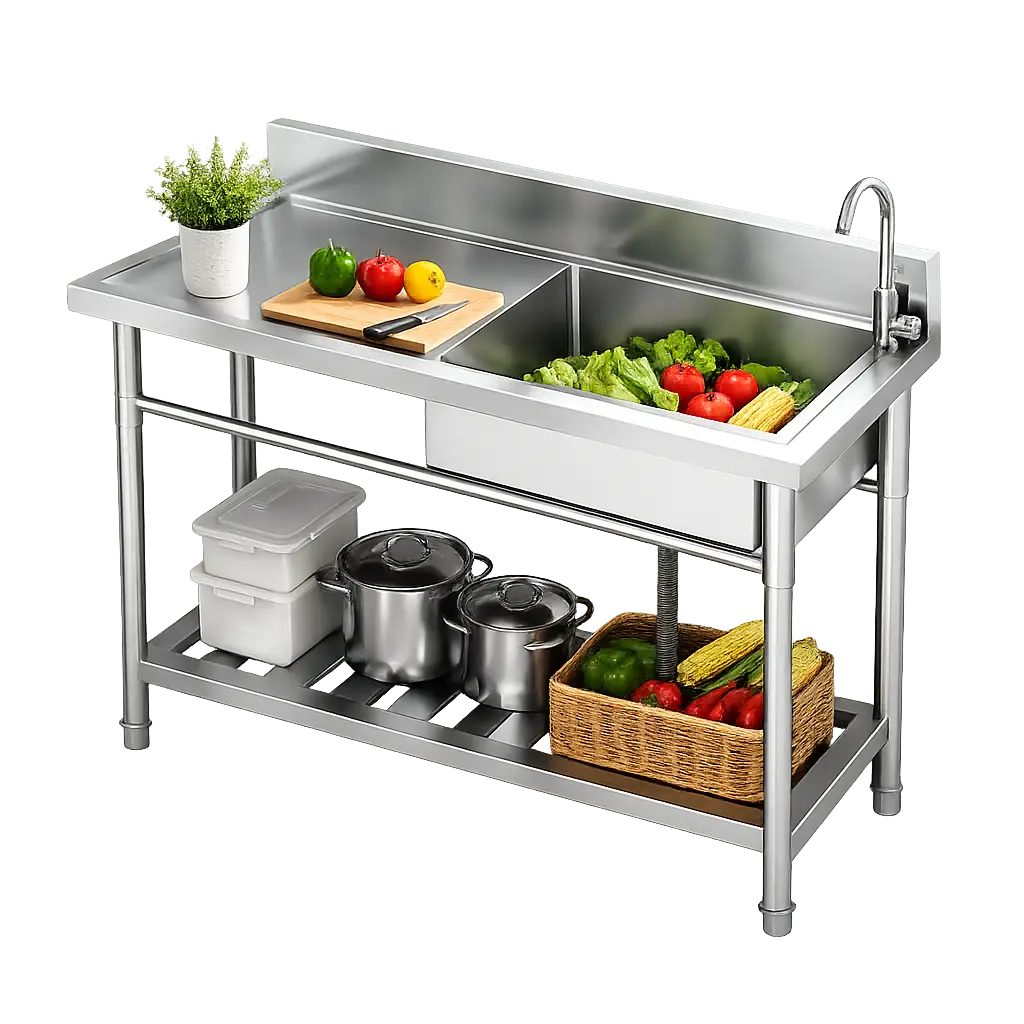 47.3" Stainless Steel Utility Sink, Freestanding Single Bowl Sink with Storage Shelf, Faucet & Hot/Cold Water Lines, for Kitchen, Laundry Room, Garage, Workshop, Garden & Outdoor Use station Top Mount Stainless Steel Sink portable