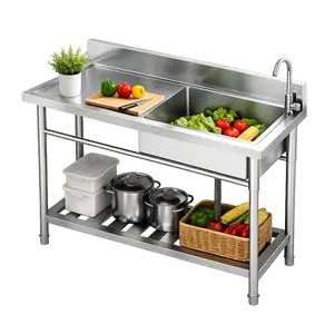 47.3" Stainless Steel Utility Sink, Freestanding Single Bowl Sink with Storage Shelf, Faucet & Hot/Cold Water Lines, for Kitchen, Laundry Room, Garage, Workshop, Garden & Outdoor Use station Top Mount Stainless Steel Sink