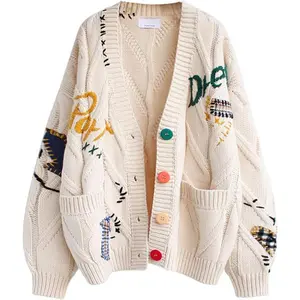 Womens Open Front Cardigan Knit Long Sleeve Button Down Embroidery Cardigan Sweaters
