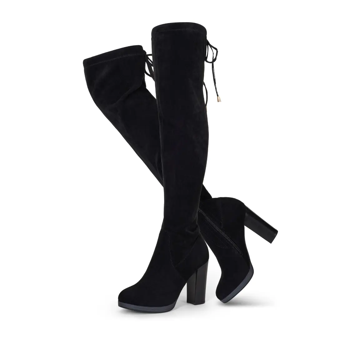 Summervibes VEPOSE 996 Women's Chunky Heel Platform Thigh High Suede Boot Shoes - Comfortable Cushioned Insole, Leg Lengthening Rubber Sole High Heel Shoe