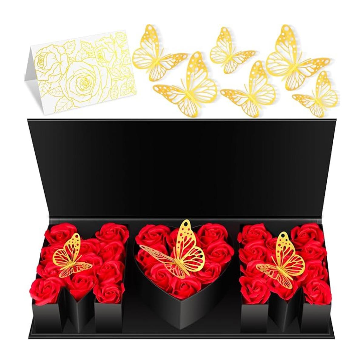 31 Flower Mom Gift Box for Mother’s Day, Letter Shaped Floral Box with Fillable Flowers, Birthday Gift Packaging Black Red